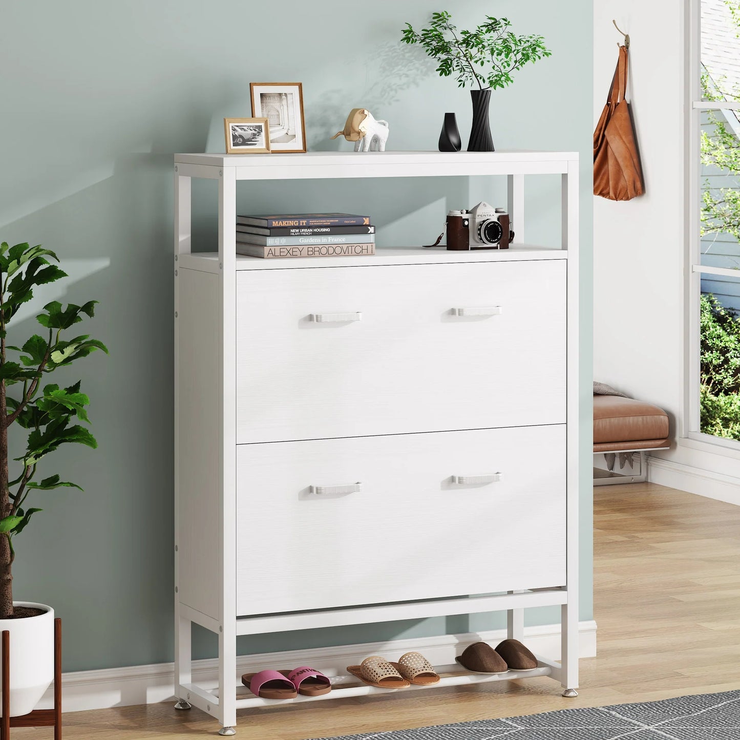 Tribesigns Shoe Cabinet, Tipping Bucket Shoe Storage Rack with Open Shelves