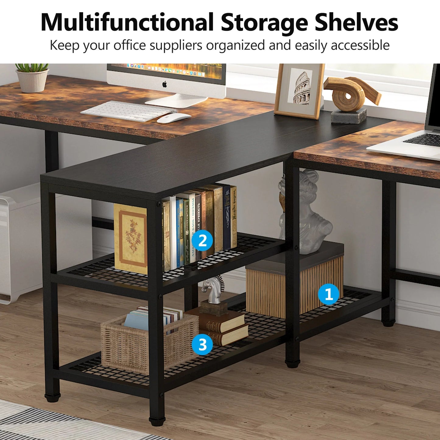 Tribesigns Two Person Desk, 94.5" Double Computer Desk with Shelves
