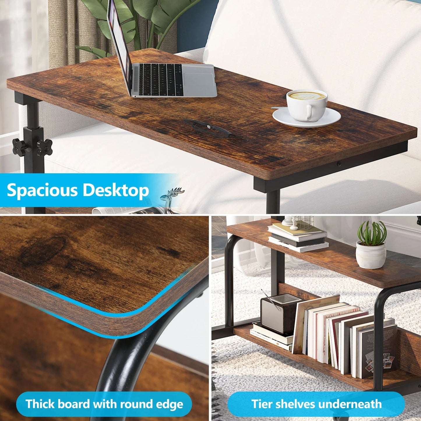 Tribesigns C Table, Height Adjustable Bedside Sofa Table with Wheels