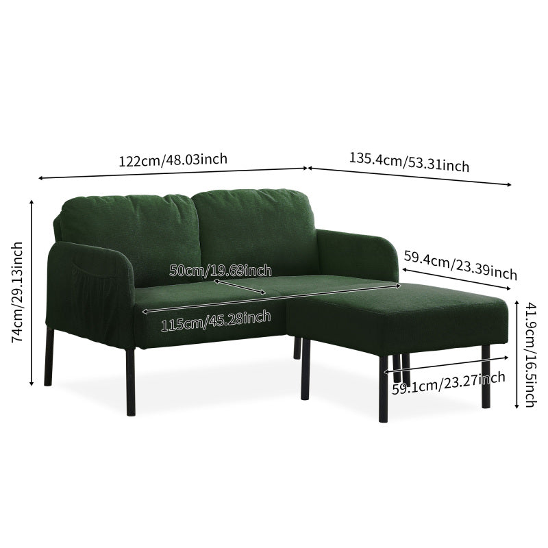 Green L-Shaped 2 Seater Sofa with Ottoman, Modern Polyester Fabric Loveseat Sofa, Comfy Small Couches for Small Space Living Room, Bedroom, Office, Apartment
