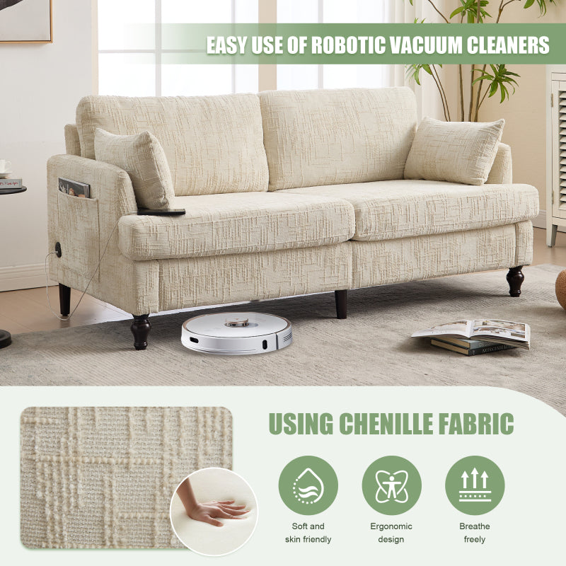 Modern style chenille 2-seater wood-legged sofa with LED light, USB charging port and storage bag Living room Bedroom Study room