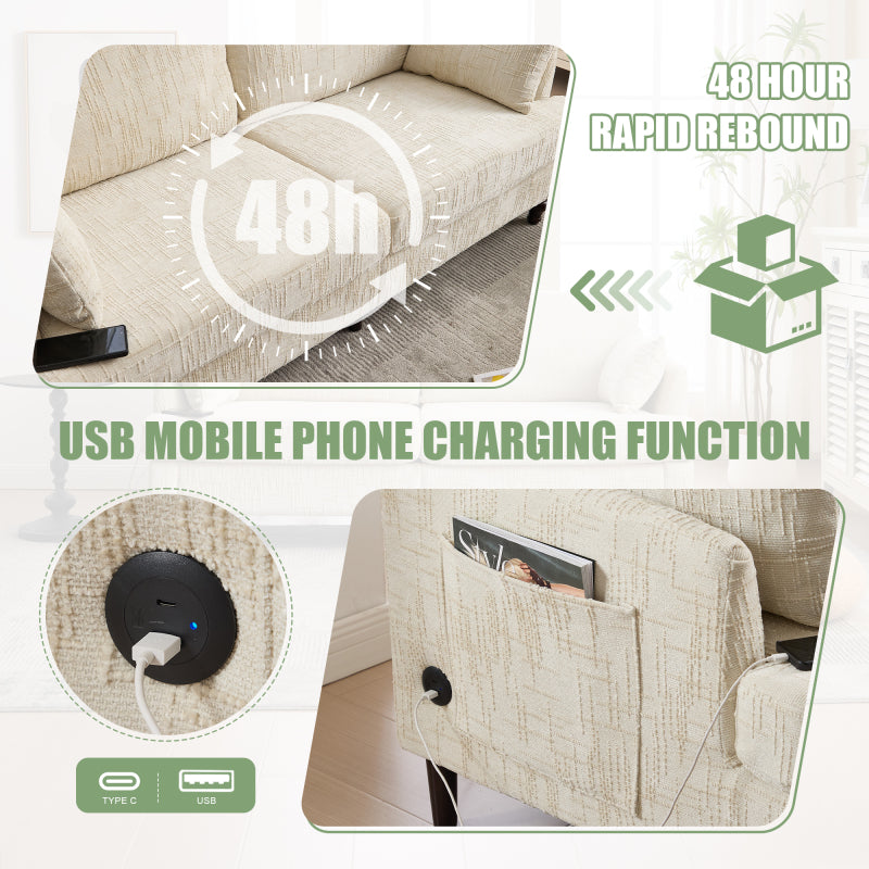 Modern style chenille 2-seater wood-legged sofa with LED light, USB charging port and storage bag Living room Bedroom Study room