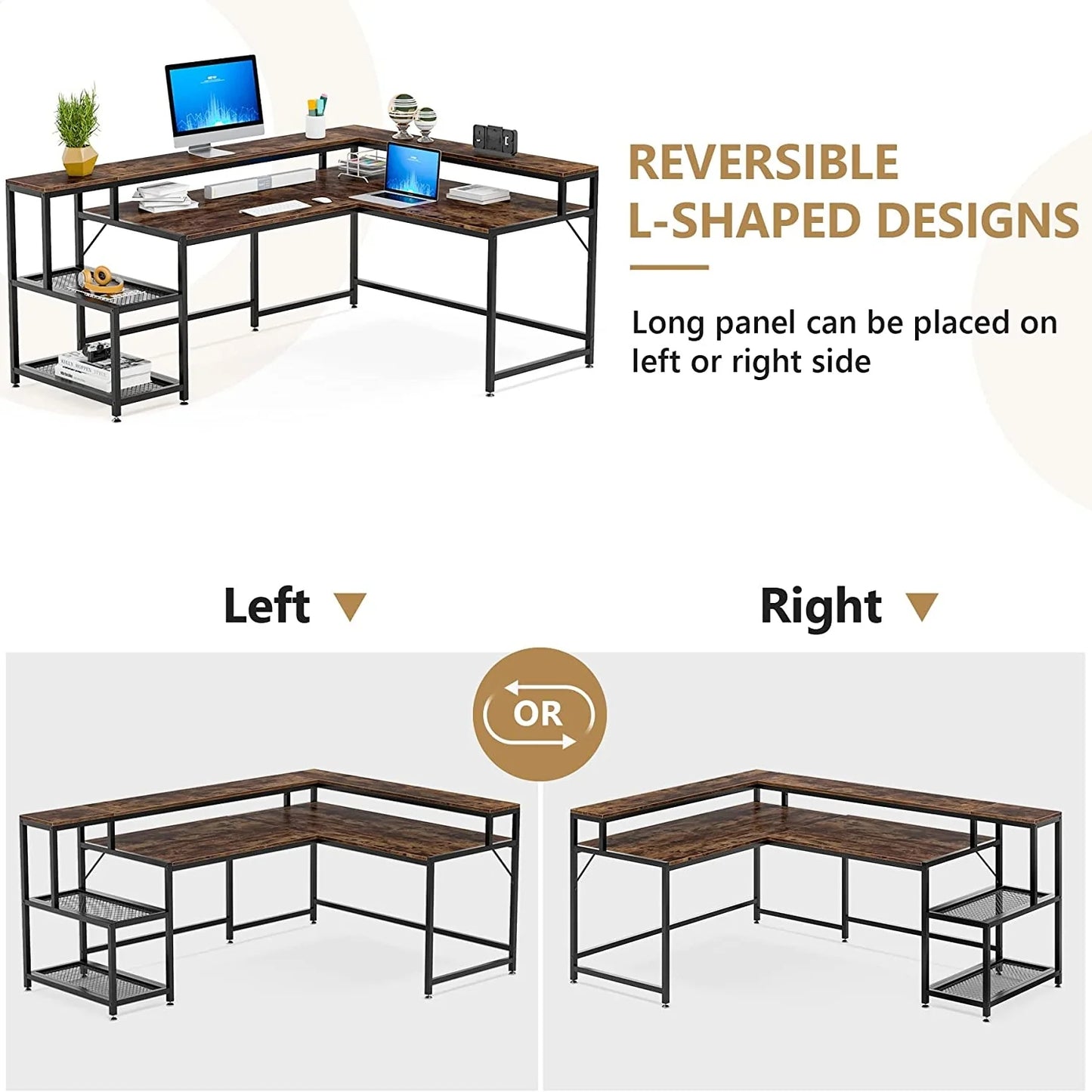 Tribesigns L-Shaped Desk, 69" Reversible Corner Desk with Monitor Stand & Storage Shelf