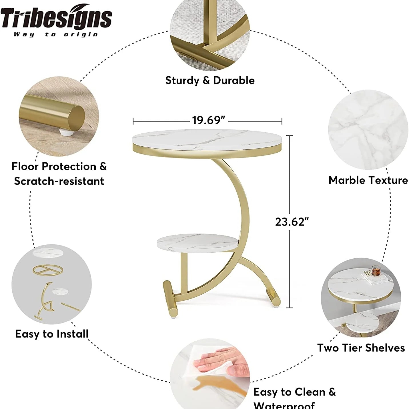 Tribesigns End Table, 2-Tier Round Faux Marble Sofa Side Table