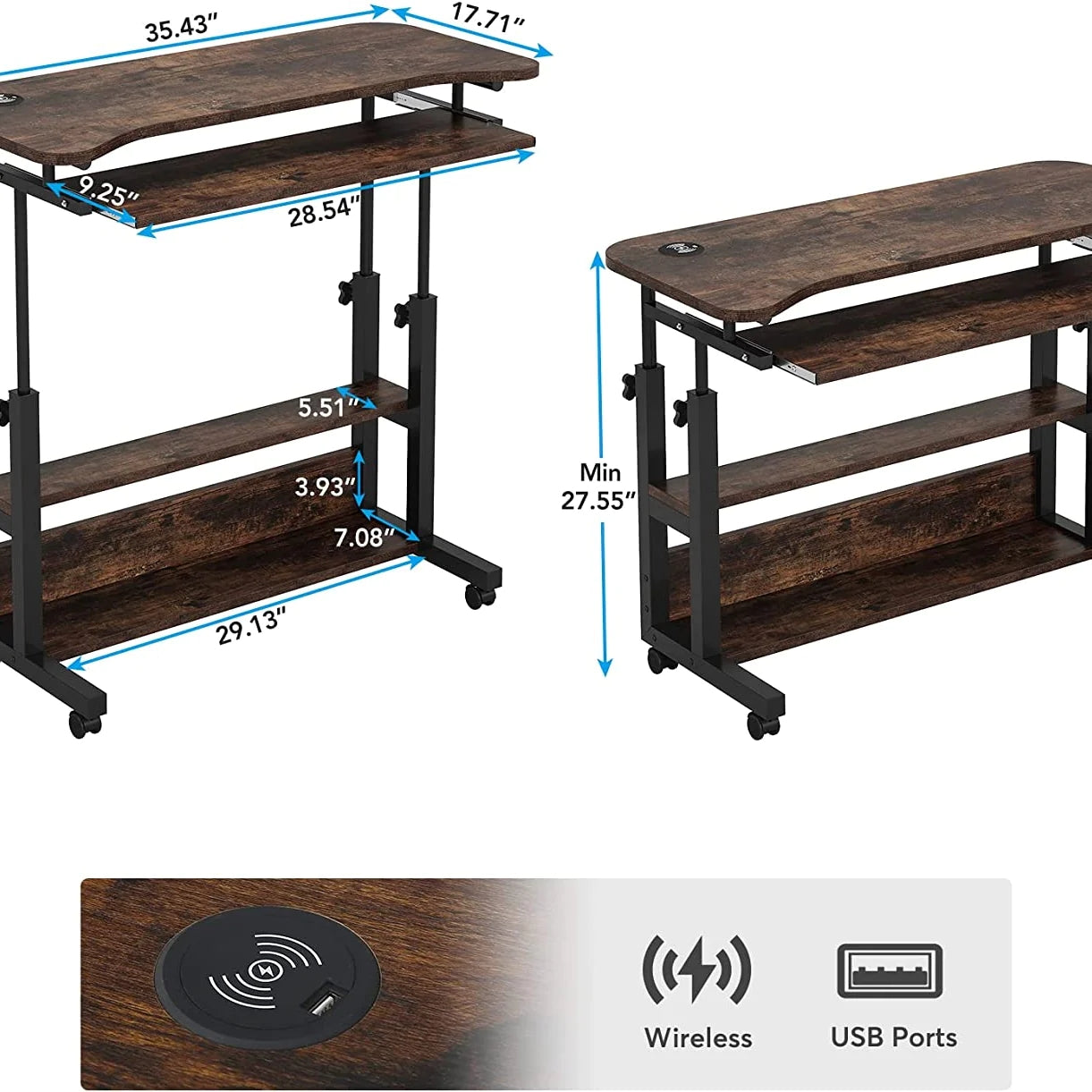 Tribesigns Height Adjustable Desk, Mobile Portable Desk with Wireless Charging Station