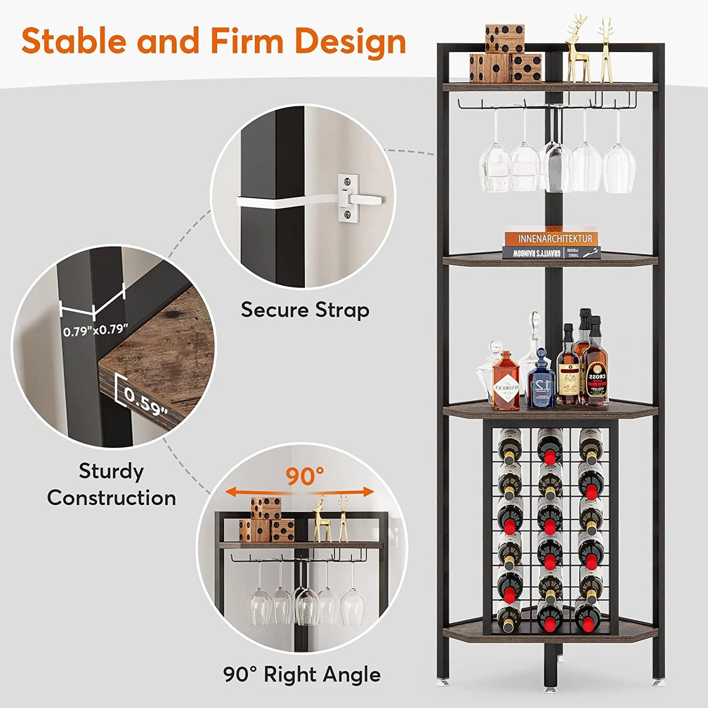 Tribesigns Wine Rack, 4 Tier Corner Shelf with Glass Holder