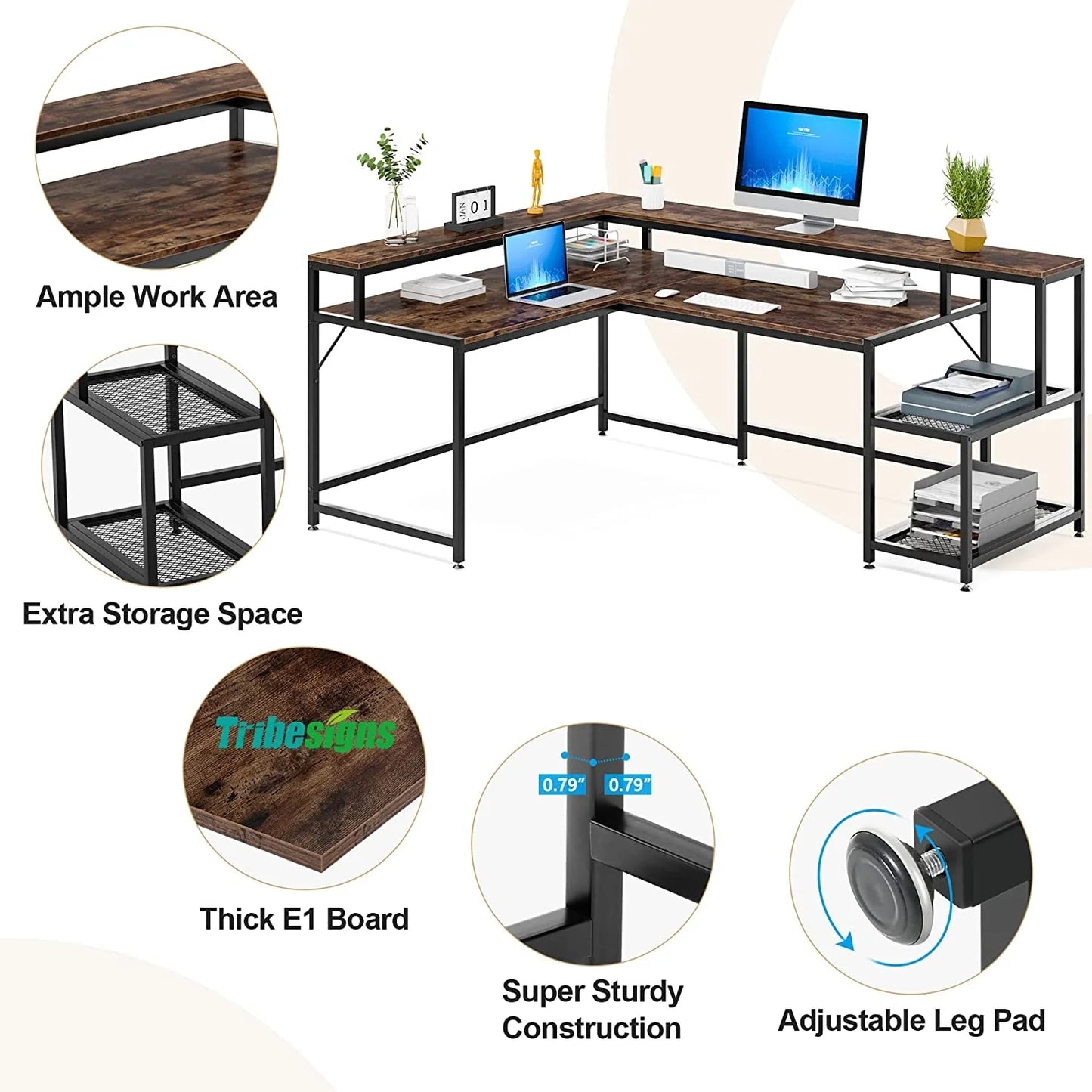 Tribesigns L-Shaped Desk, 69" Reversible Corner Desk with Monitor Stand & Storage Shelf