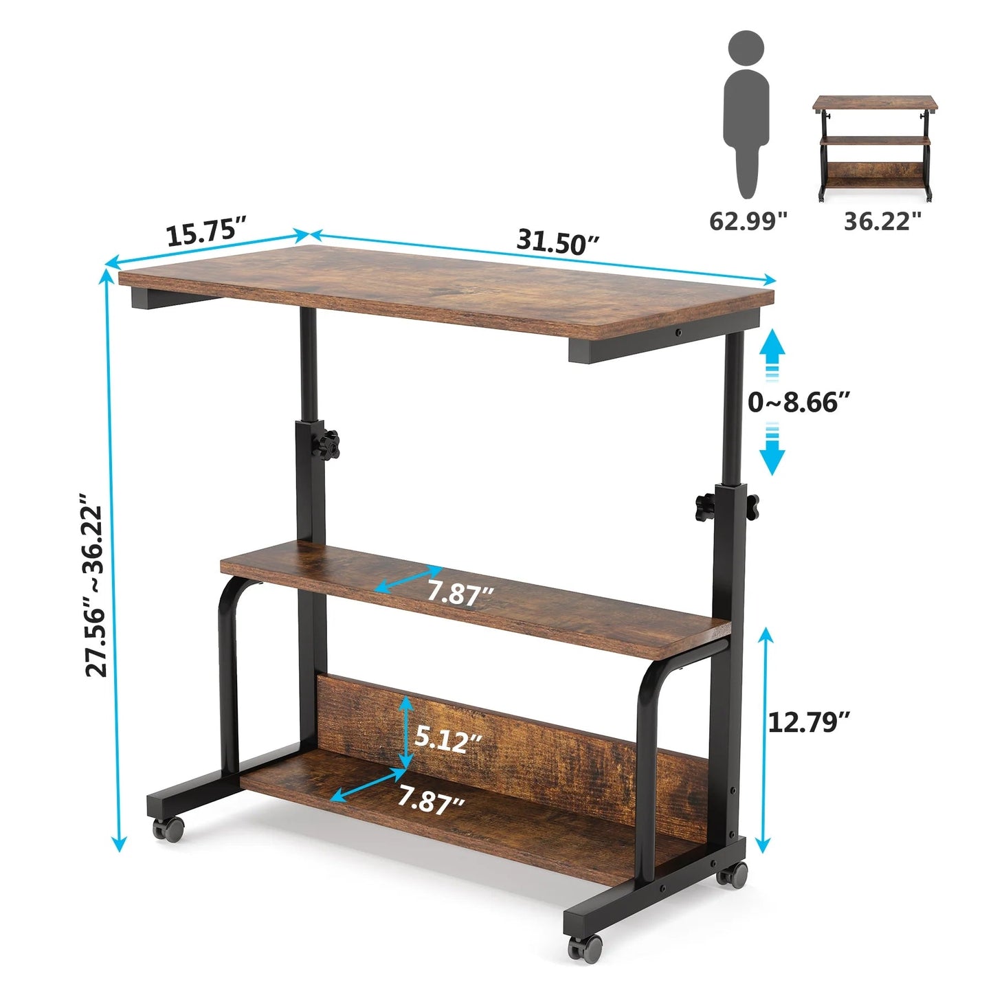 Tribesigns C Table, Height Adjustable Bedside Sofa Table with Wheels