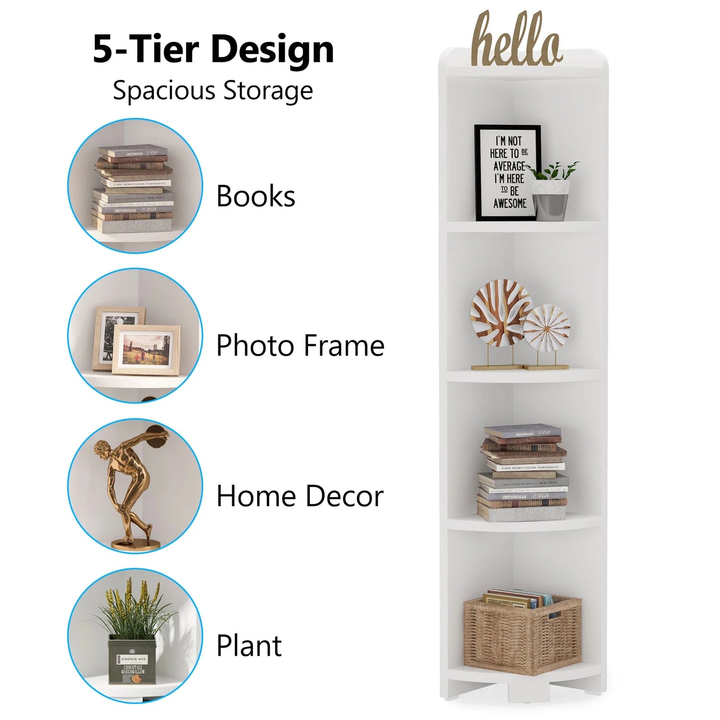 Tribesigns Corner Shelf, 5 Tier Wood Wall Corner Bookshelf Storage Rack