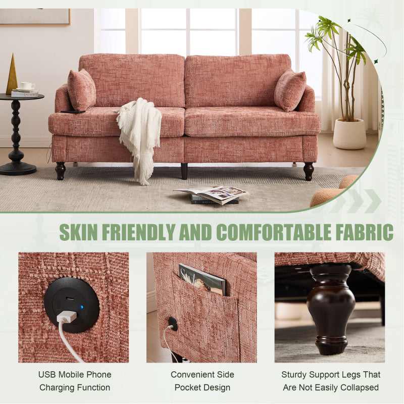 Modern style chenille 2-seater wood-legged sofa with LED light, USB charging port and storage bag Living room Bedroom Study room