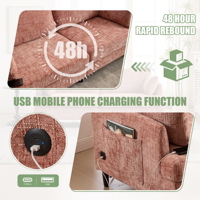 Modern style chenille 2-seater wood-legged sofa with LED light, USB charging port and storage bag Living room Bedroom Study room