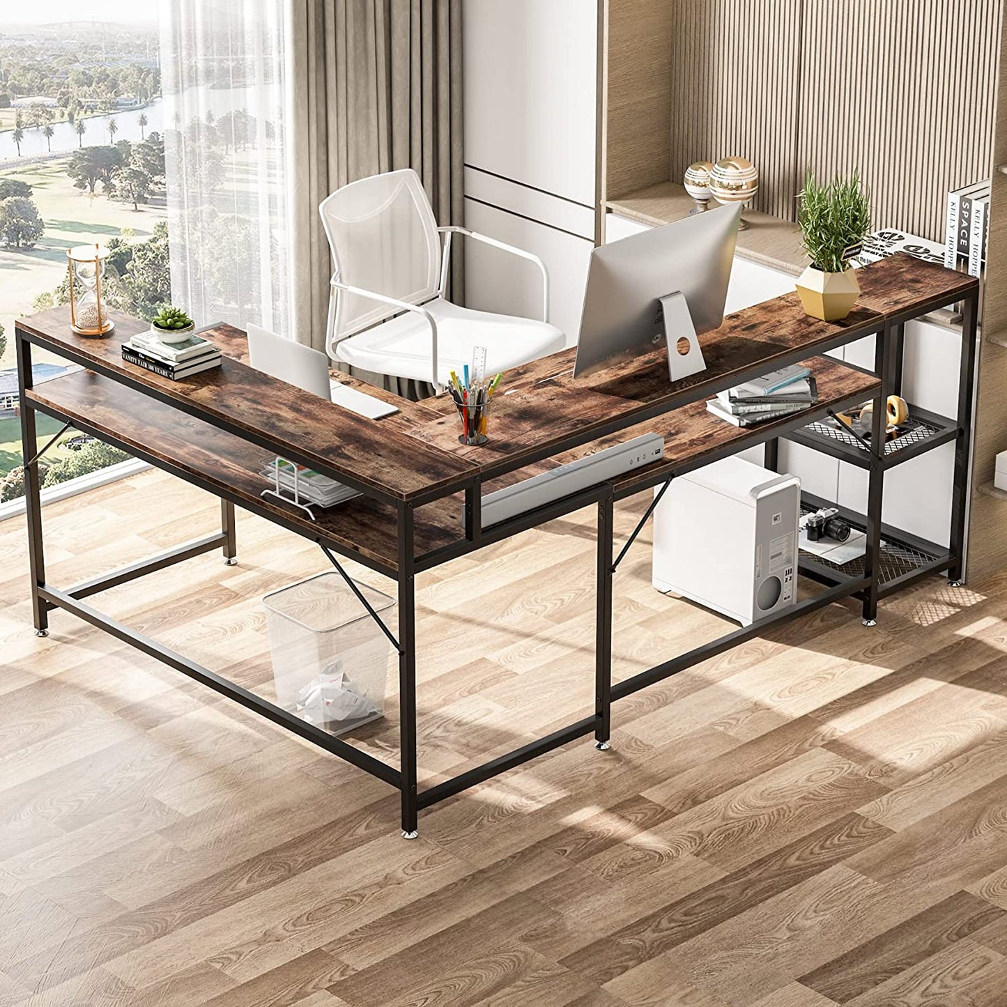 Tribesigns L-Shaped Desk, 69" Reversible Corner Desk with Monitor Stand & Storage Shelf