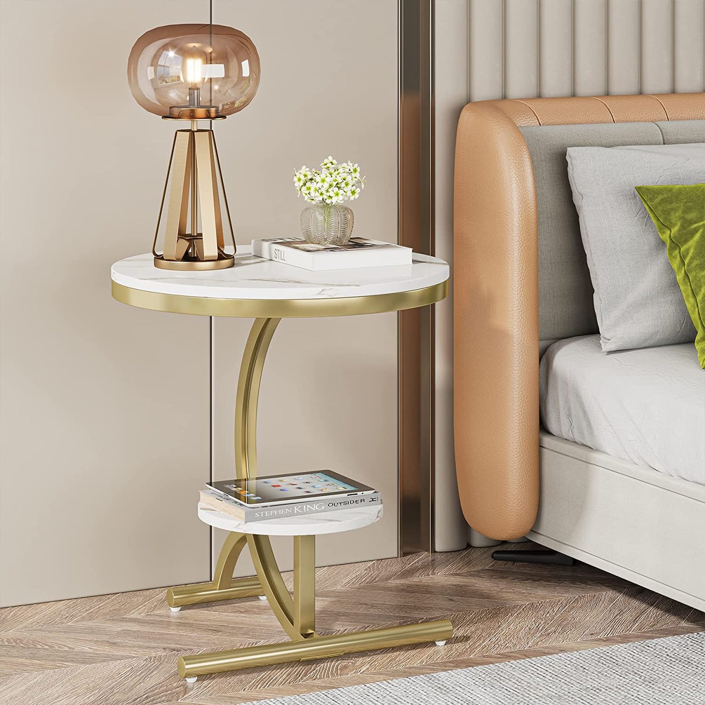 Tribesigns End Table, 2-Tier Round Faux Marble Sofa Side Table