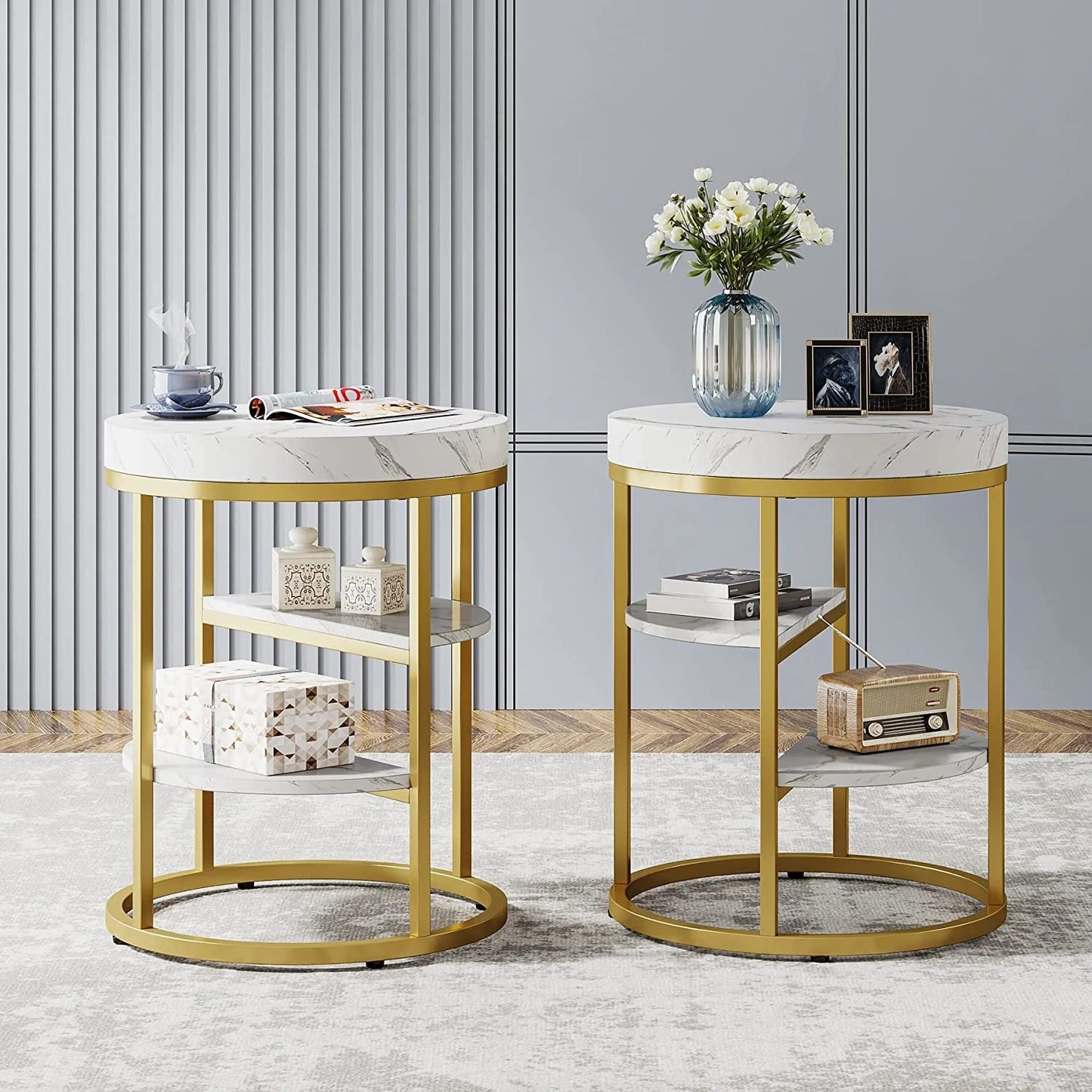 Tribesigns End Table, Round Side Table Nightstand with 3 Tiers Shelves