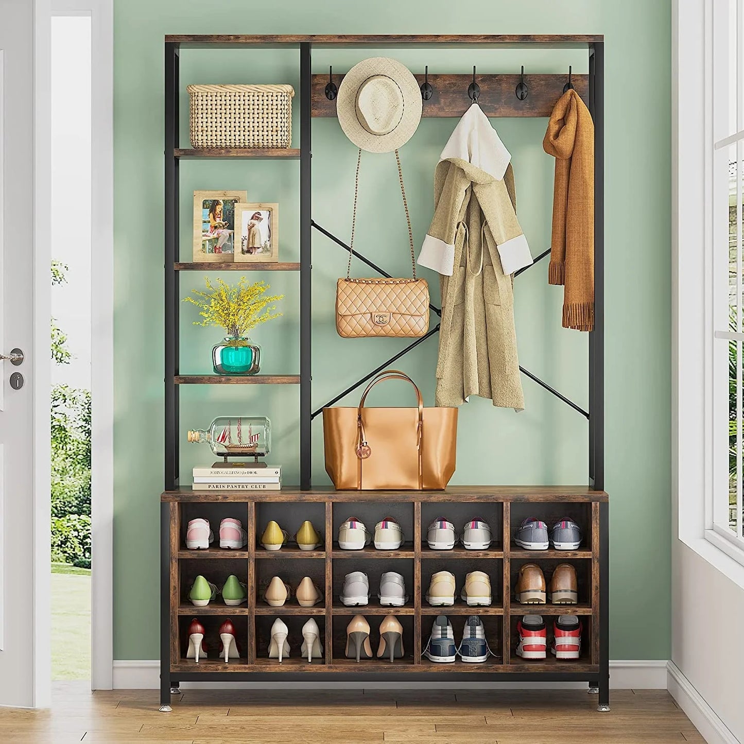 Tribesigns Coat Rack Shoe Bench, Entryway Hall Tree with Storage Shelves