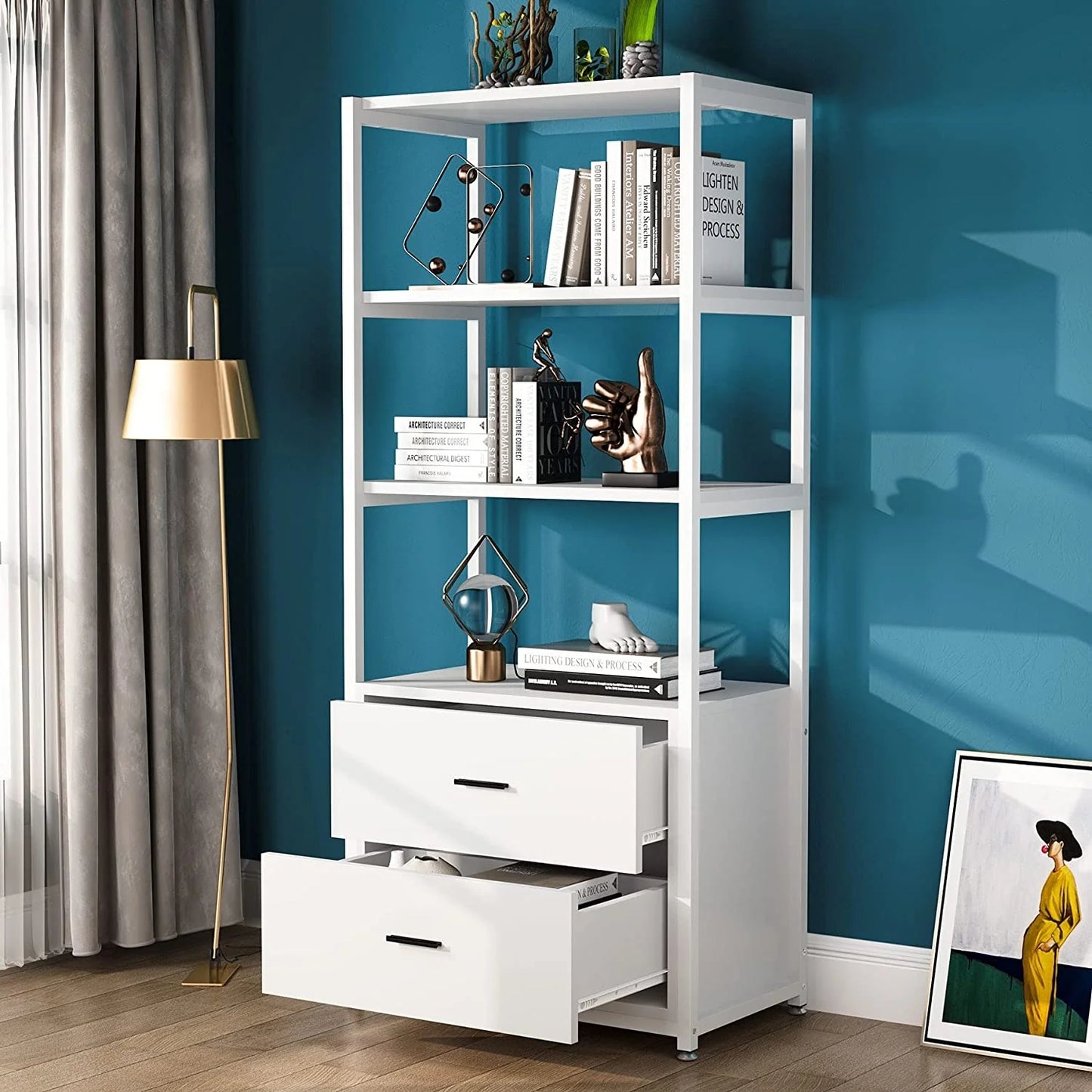 Tribesigns Bookshelf, 4 Tier Etagere Display Bookcase with 2 Drawers