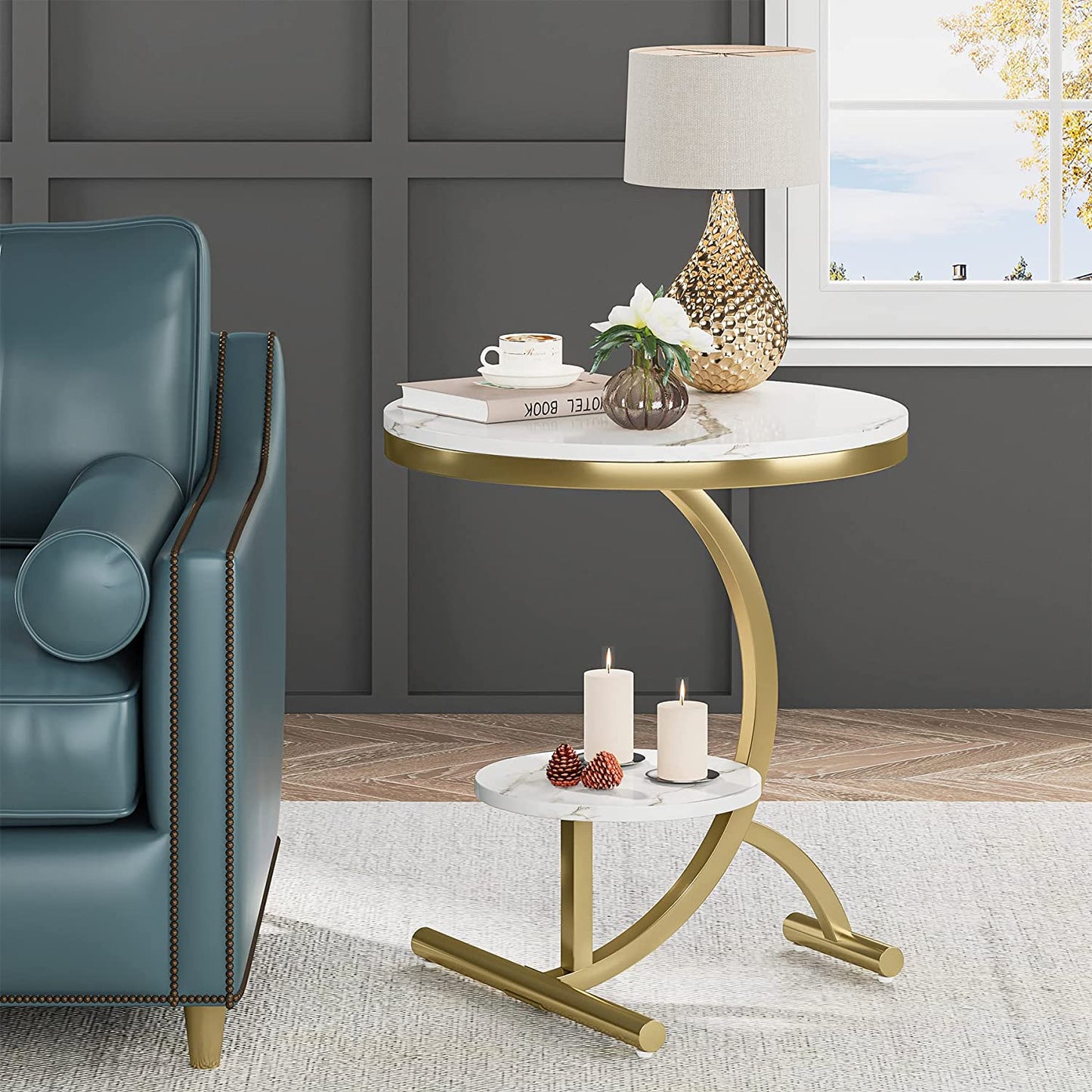 Tribesigns End Table, 2-Tier Round Faux Marble Sofa Side Table