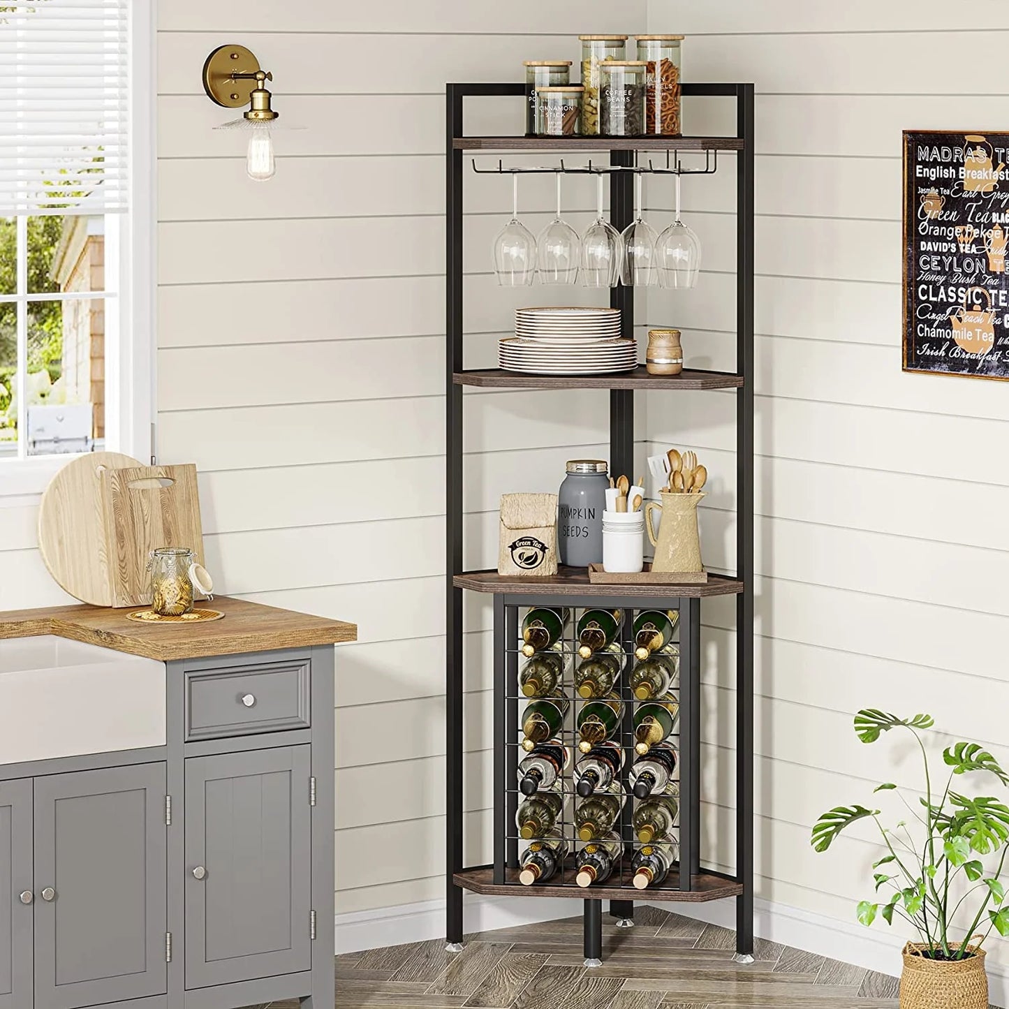 Tribesigns Wine Rack, 4 Tier Corner Shelf with Glass Holder