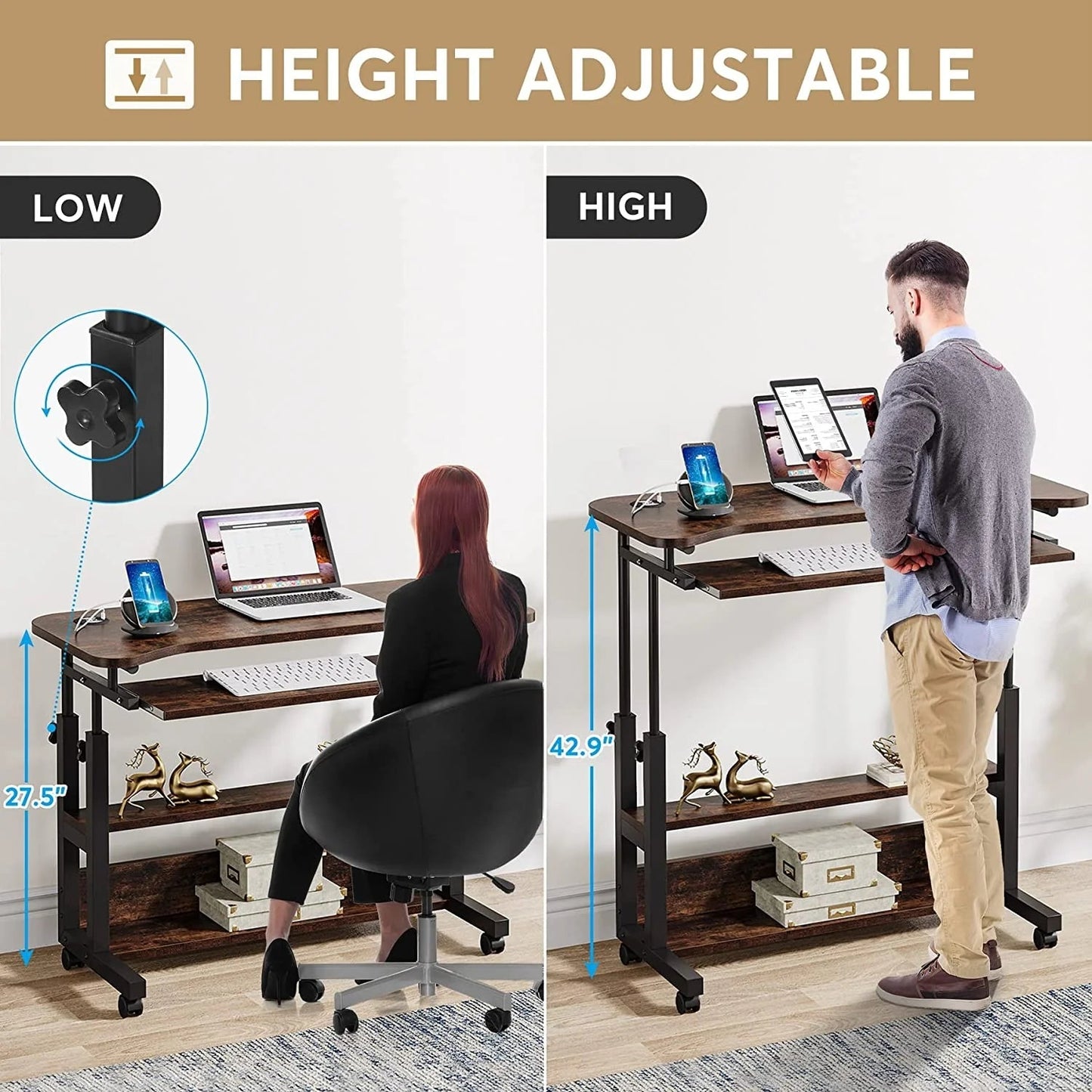 Tribesigns Height Adjustable Desk, Mobile Portable Desk with Wireless Charging Station