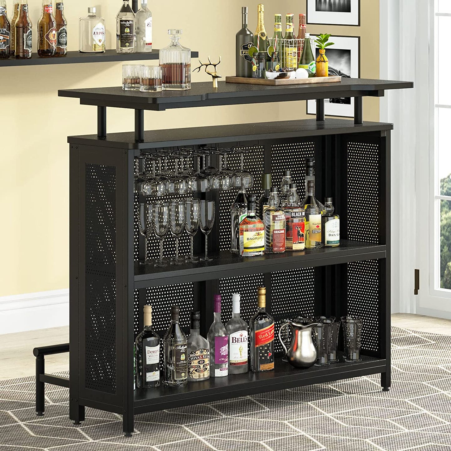 Tribesigns Bar Unit, 3 Tier Liquor Home Bar Table with Stemware Racks