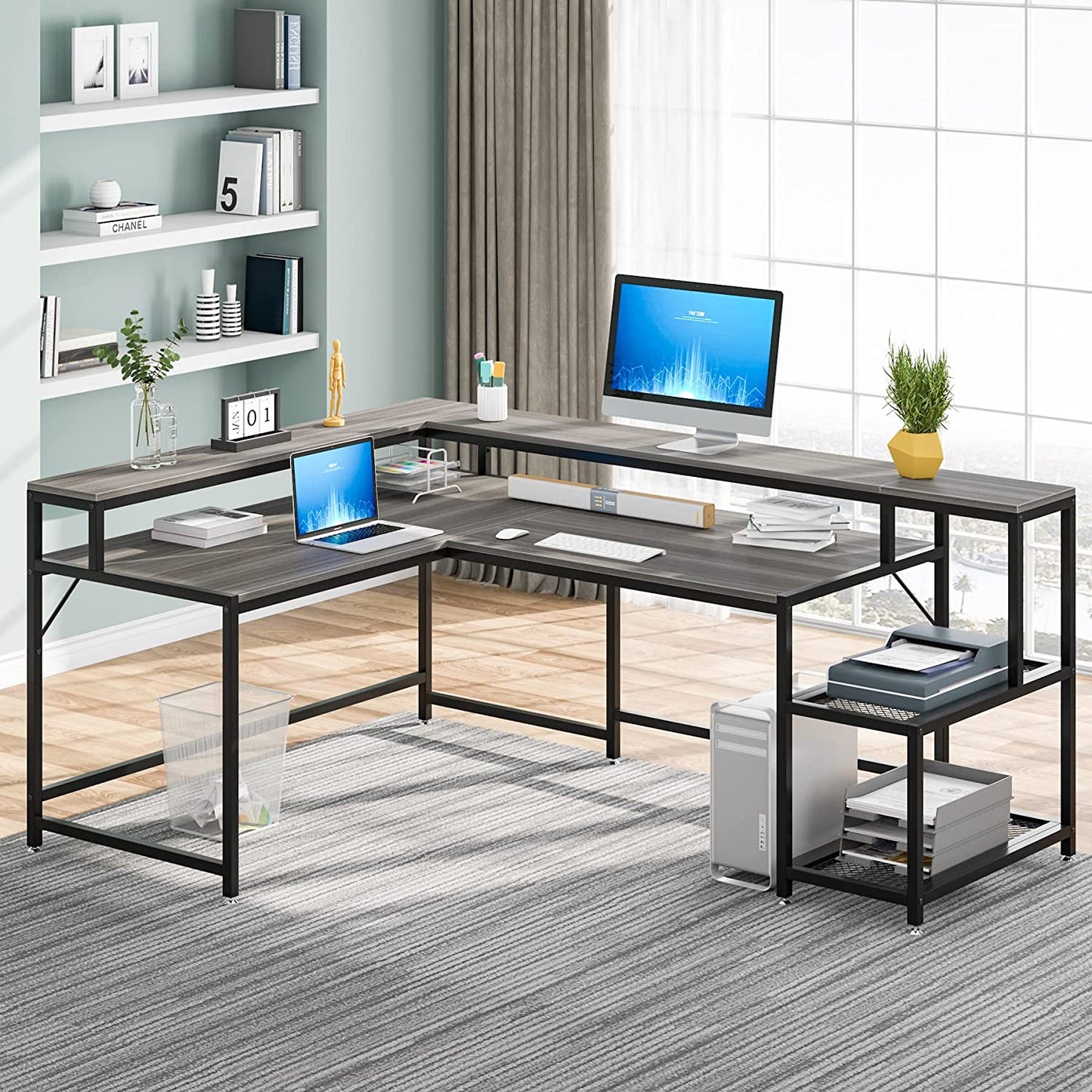 Tribesigns L-Shaped Desk, 69" Reversible Corner Desk with Monitor Stand & Storage Shelf