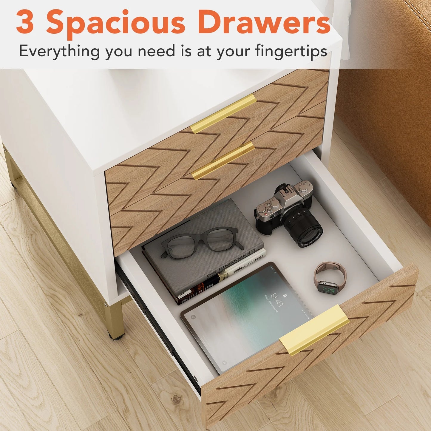 Tribesigns Nigntstand, Modern Bedside Table with 3 Drawers