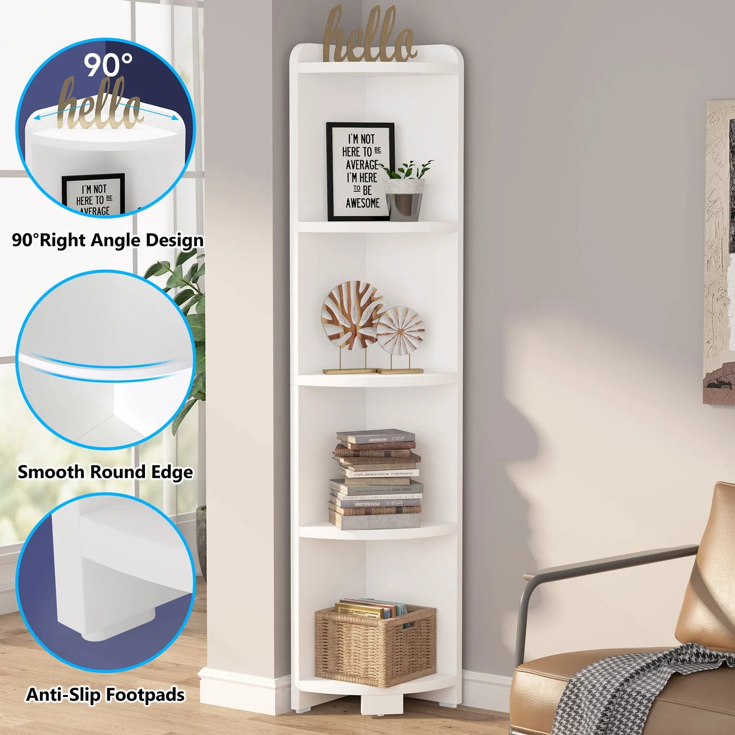 Tribesigns Corner Shelf, 5 Tier Wood Wall Corner Bookshelf Storage Rack