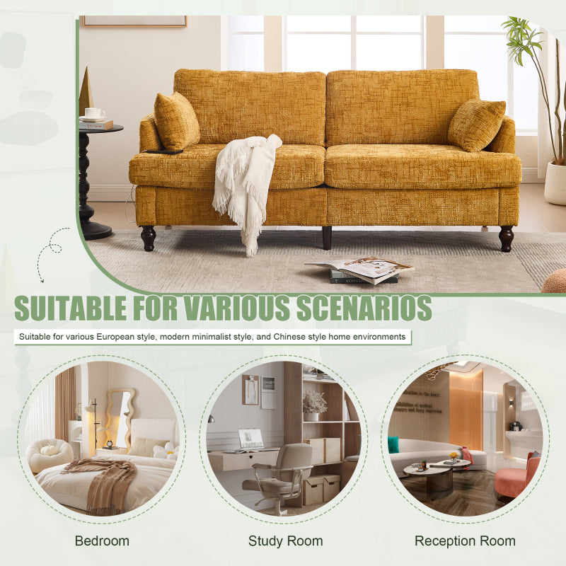 Modern style chenille 2-seater wood-legged sofa with LED light, USB charging port and storage bag Living room Bedroom Study room