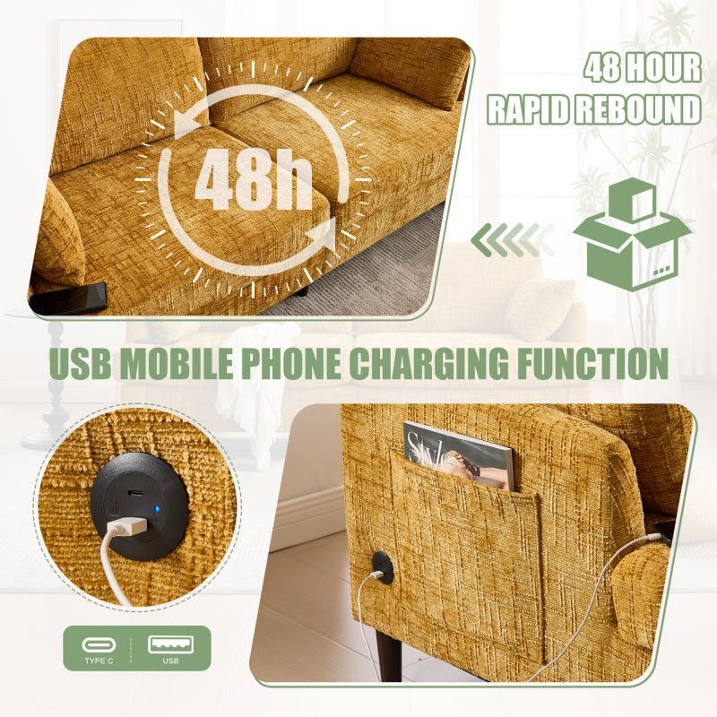 Modern style chenille 2-seater wood-legged sofa with LED light, USB charging port and storage bag Living room Bedroom Study room