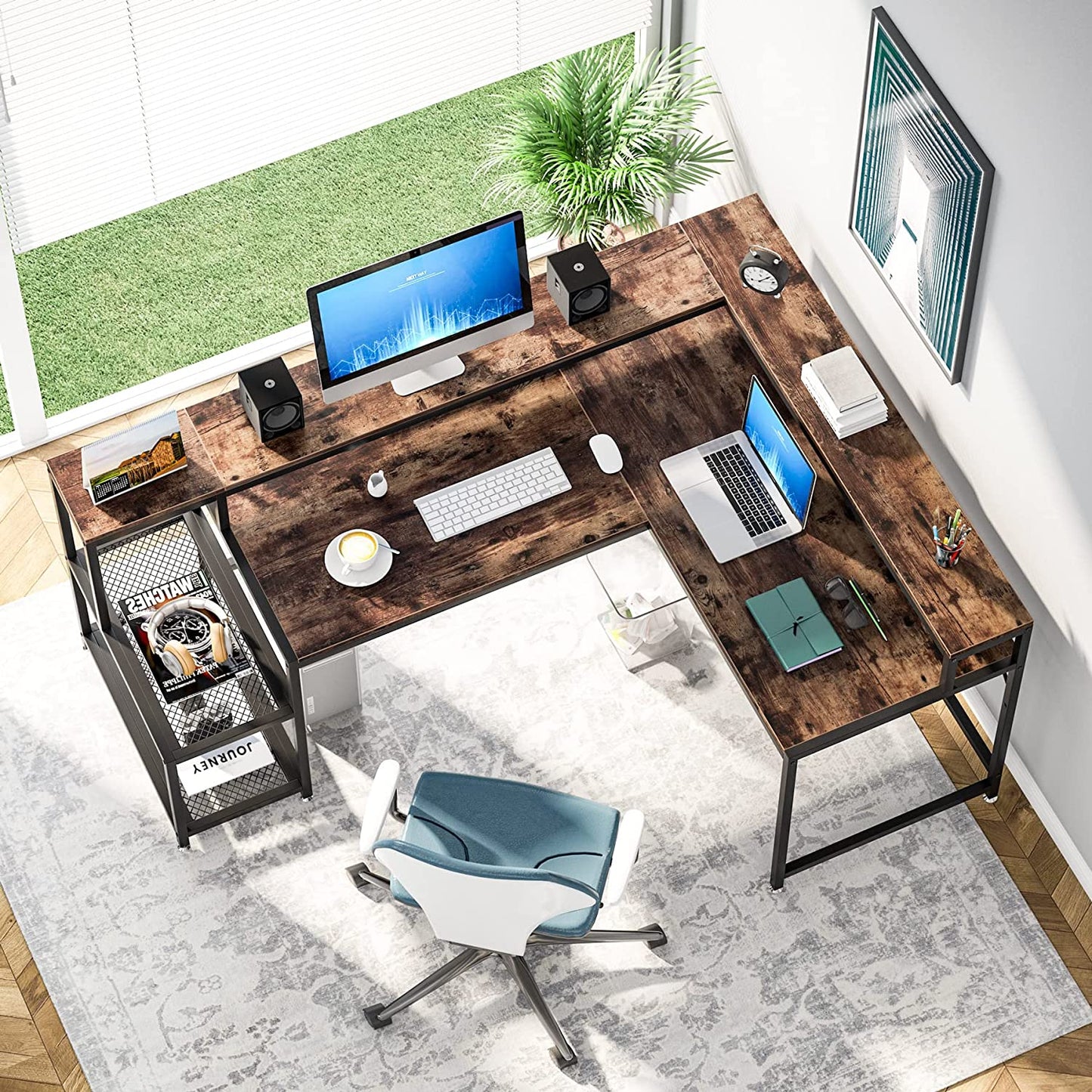 Tribesigns L-Shaped Desk, 69" Reversible Corner Desk with Monitor Stand & Storage Shelf