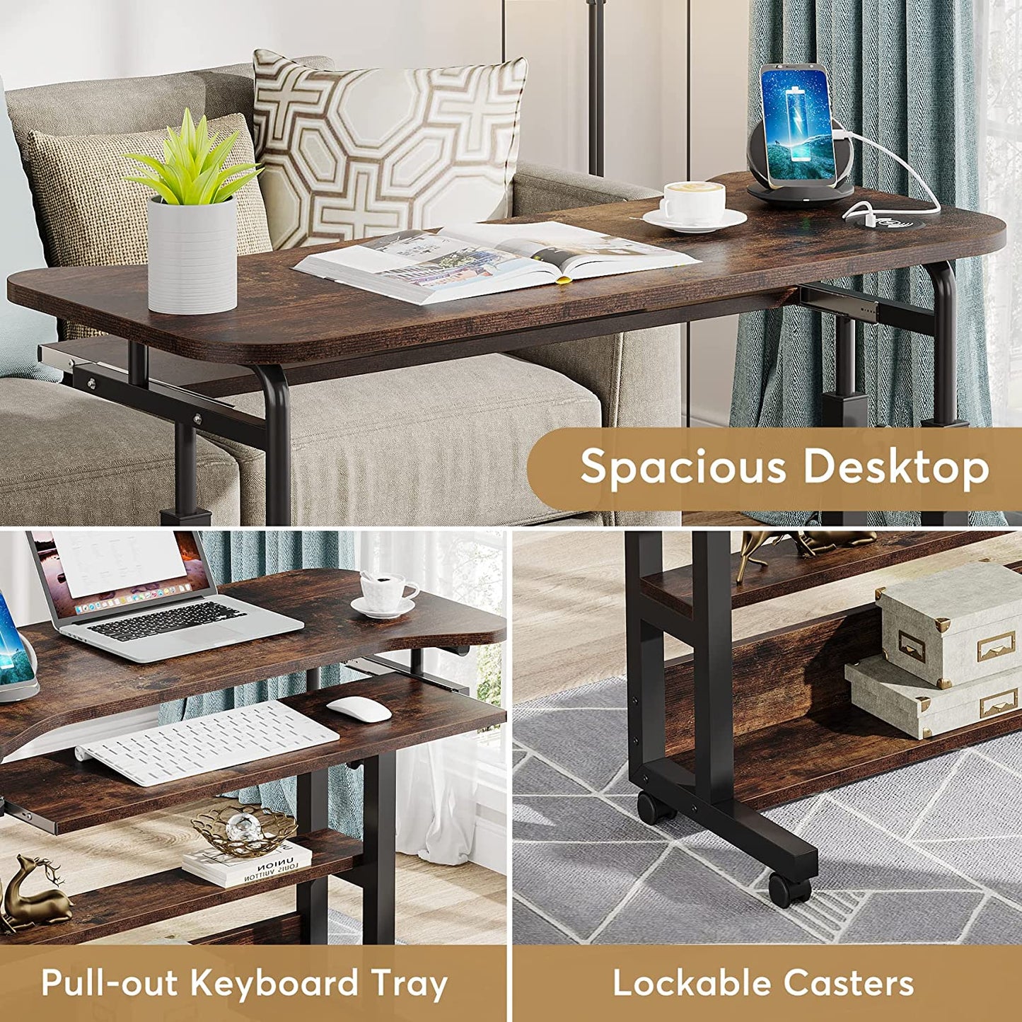 Tribesigns Height Adjustable Desk, Mobile Portable Desk with Wireless Charging Station