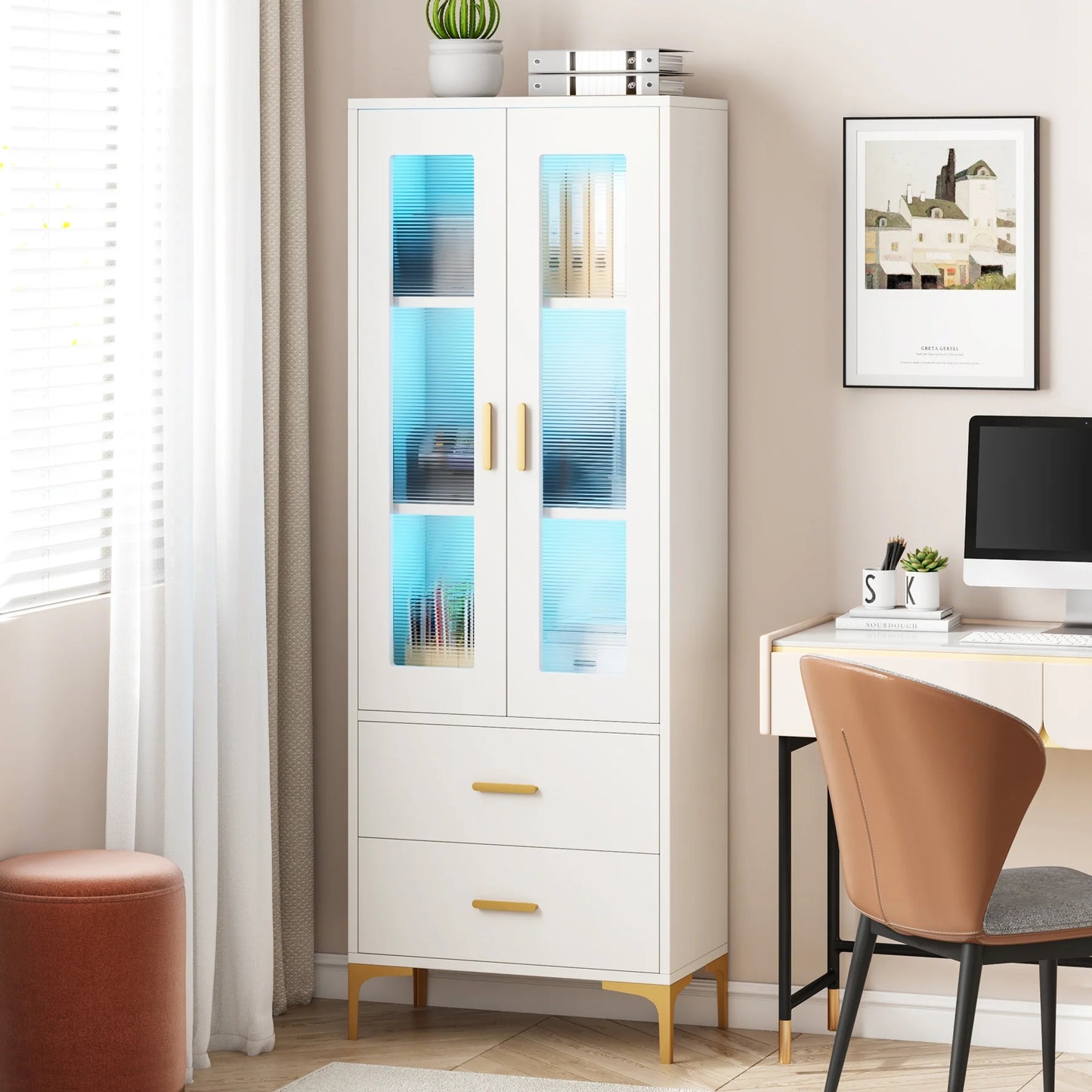 Tribesigns Bookcase, White Bookshelf with LED Light, Frosted Doors & 2 Drawers