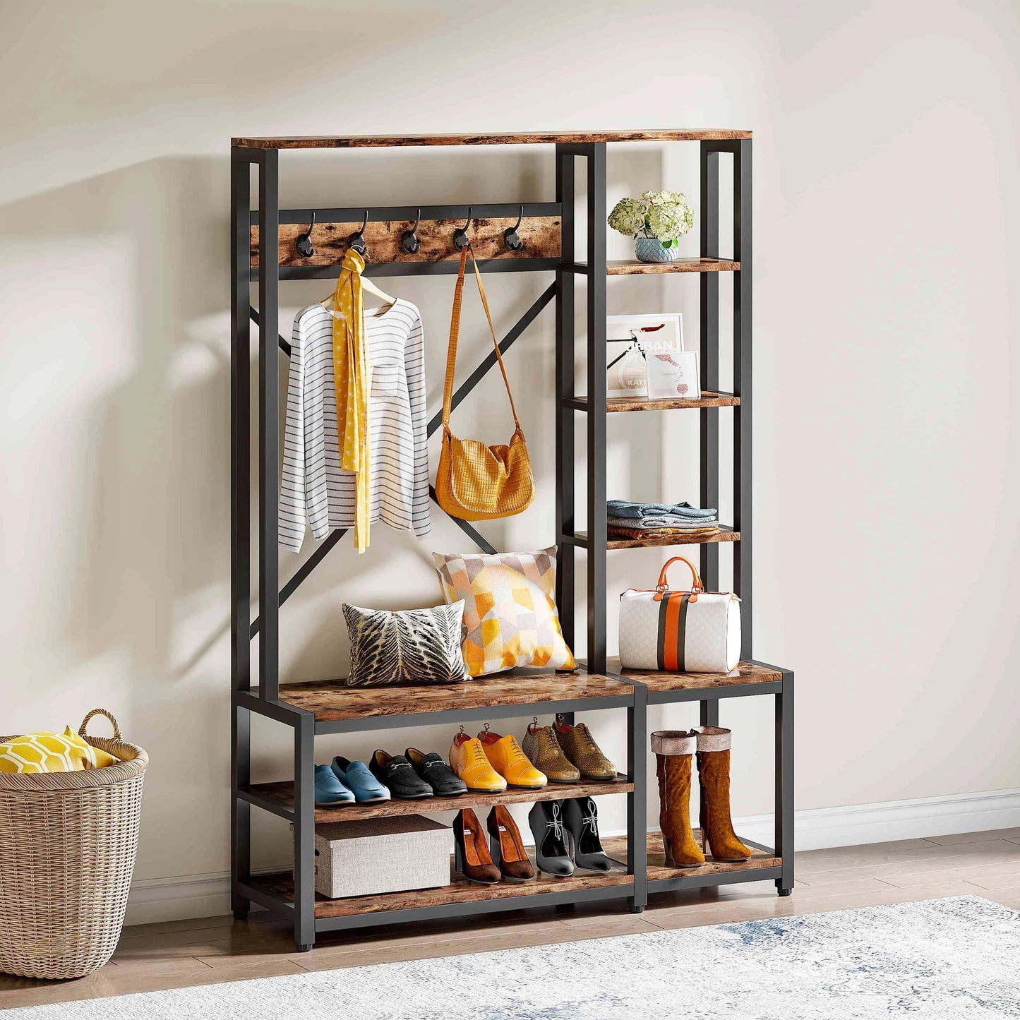 Tribesigns Coat Rack Shoe Bench, 4-in-1 Entryway Hall Tree with Shelves