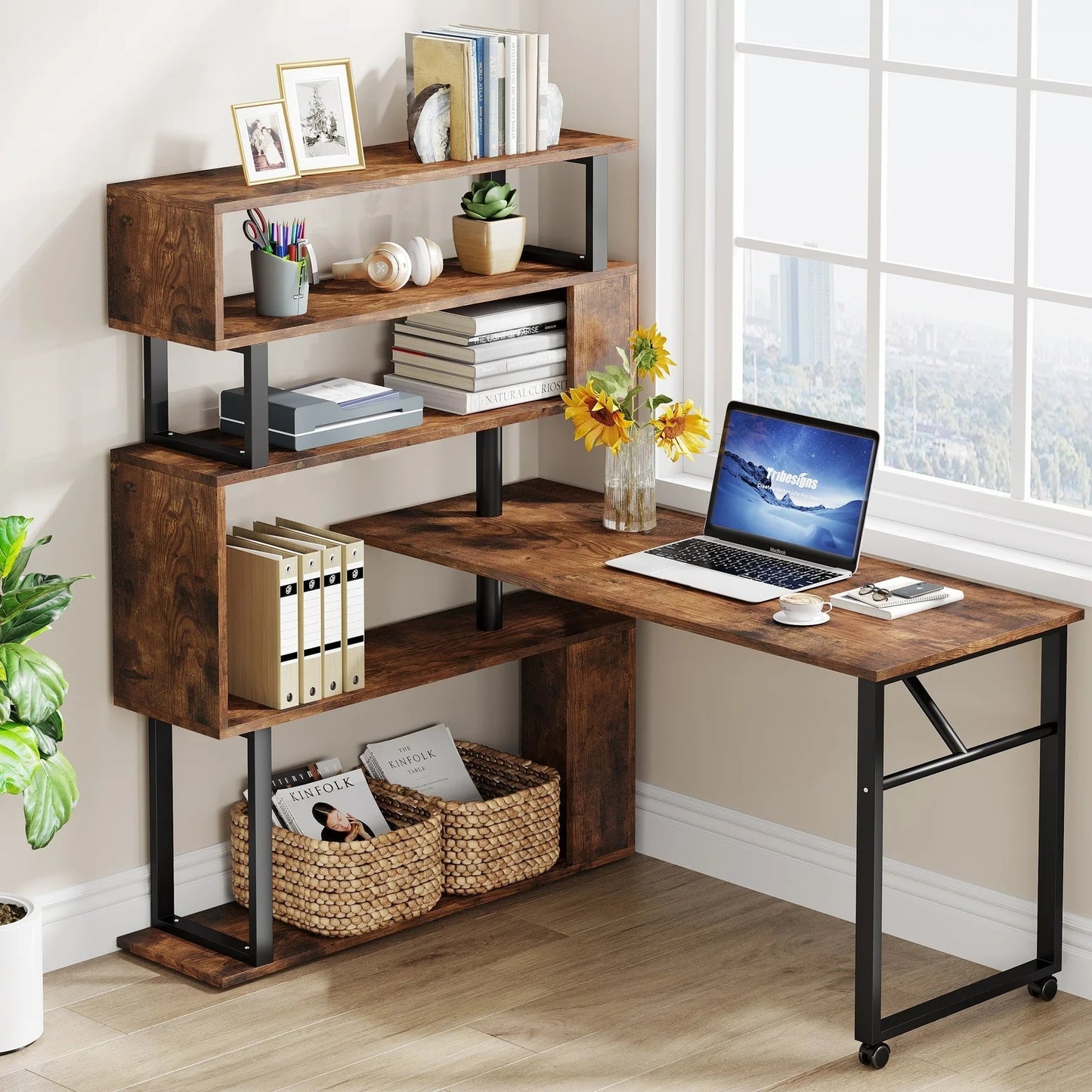 Tribesigns Rotating Desk, Reversible Computer Desk with 5 Shelves