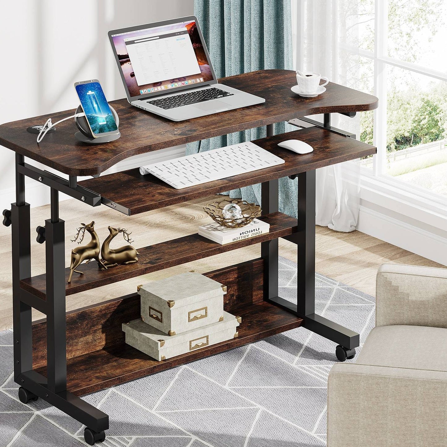 Tribesigns Height Adjustable Desk, Mobile Portable Desk with Wireless Charging Station