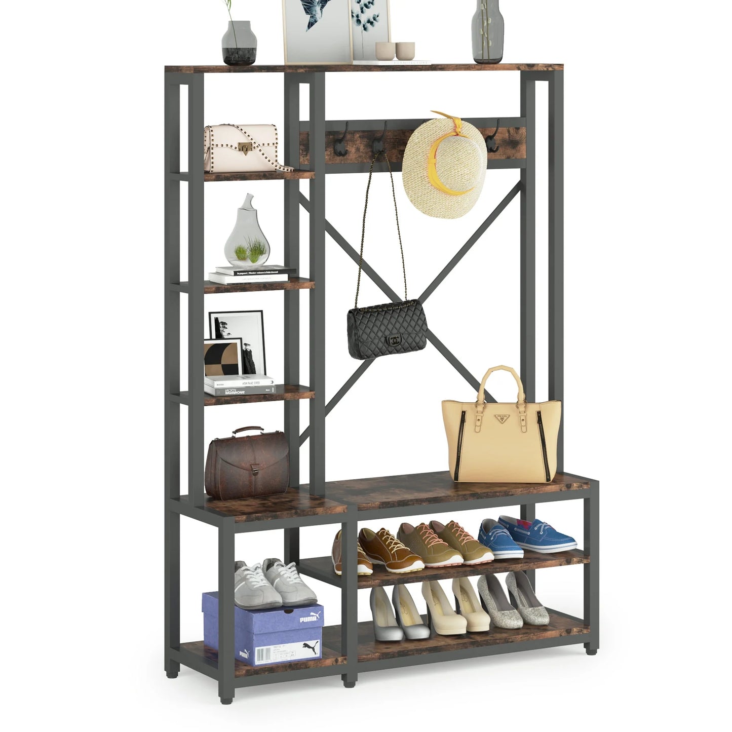 Tribesigns Coat Rack Shoe Bench, 4-in-1 Entryway Hall Tree with Shelves