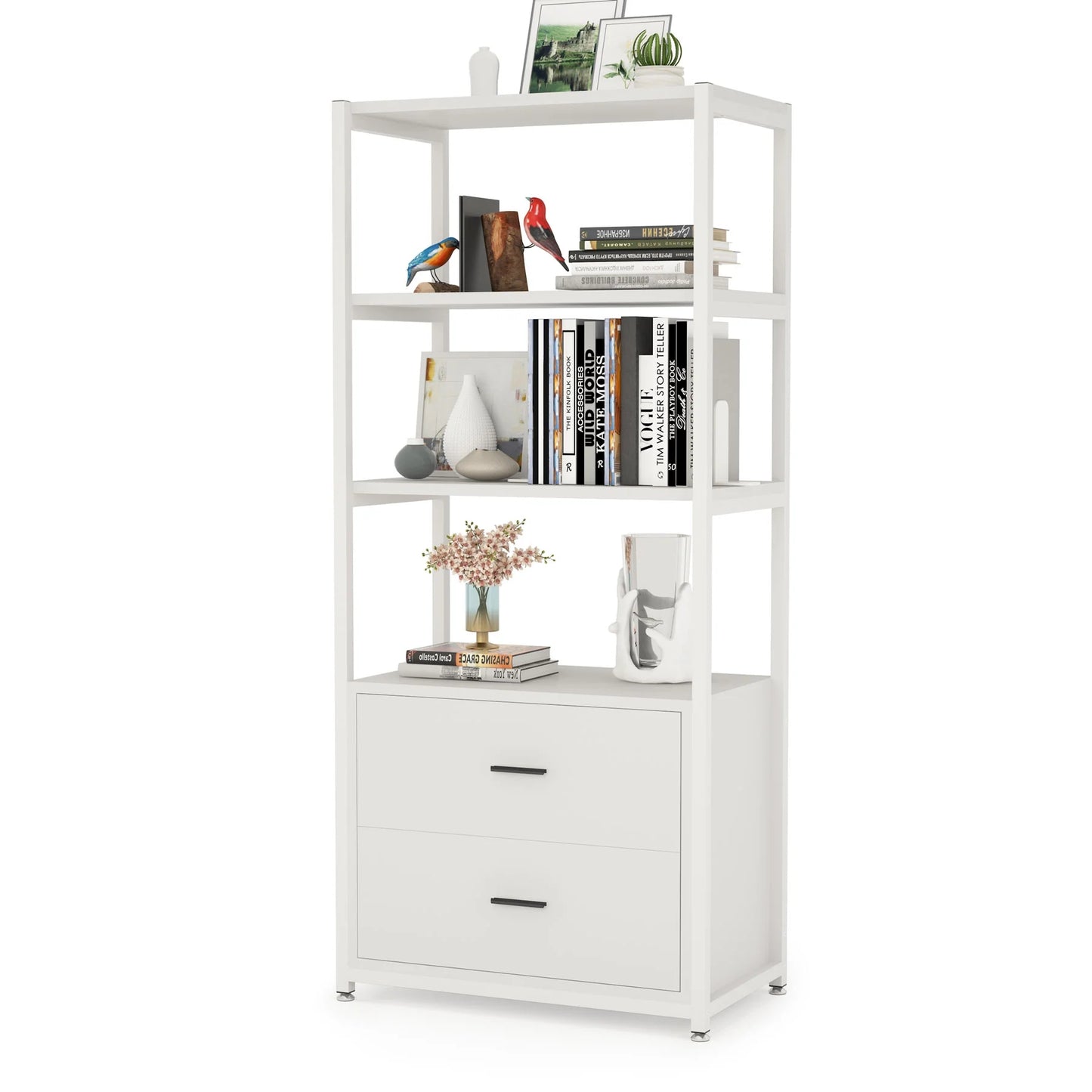 Tribesigns Bookshelf, 4 Tier Etagere Display Bookcase with 2 Drawers