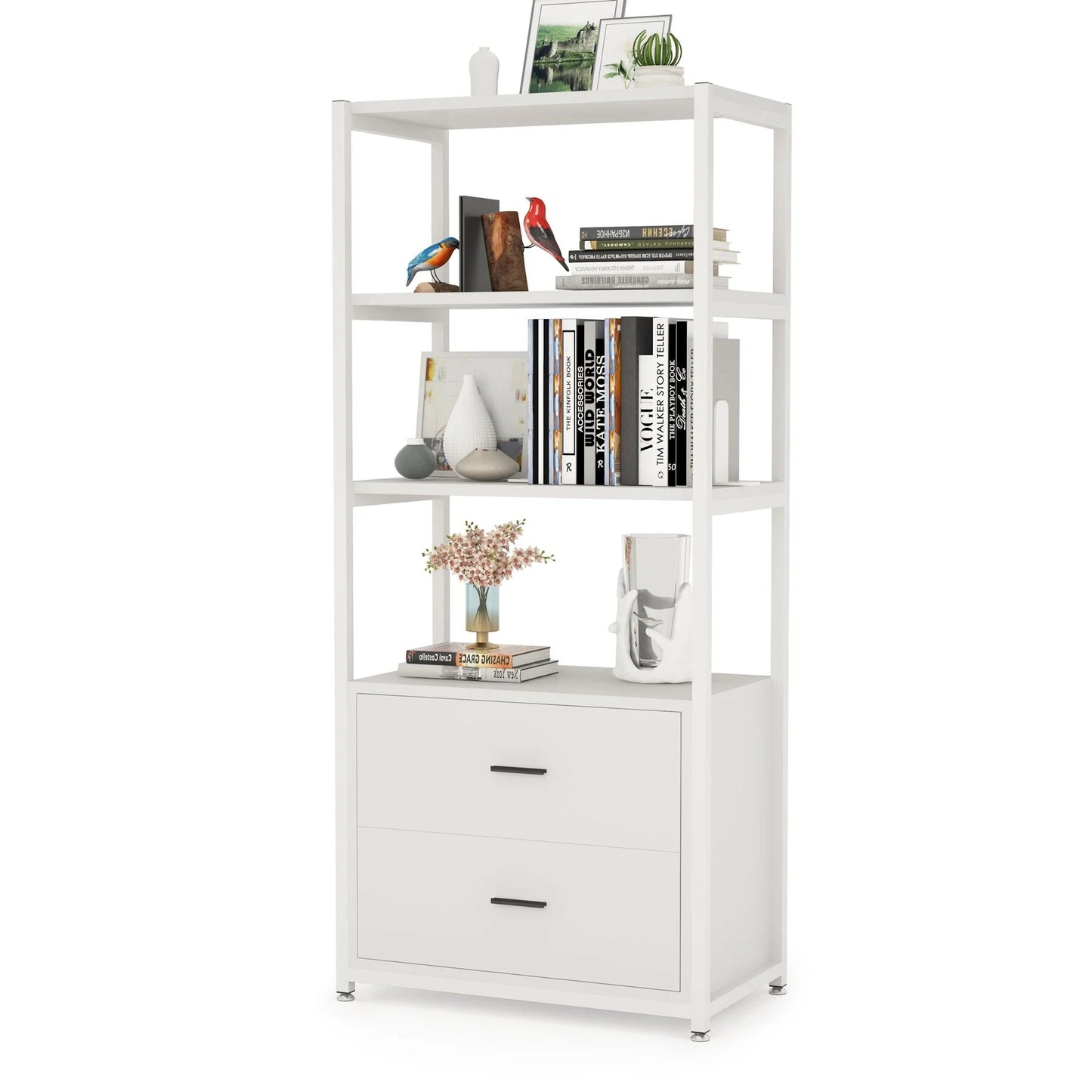 Tribesigns Bookshelf, 4 Tier Etagere Display Bookcase with 2 Drawers