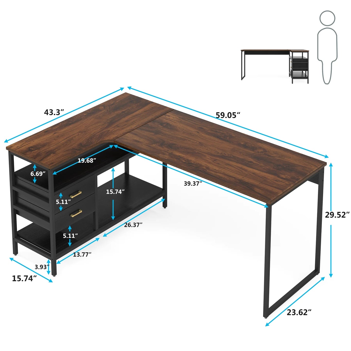 Tribesigns L-Shaped Desk, 59" Computer Desk with 2 Drawers & Storage Shelves
