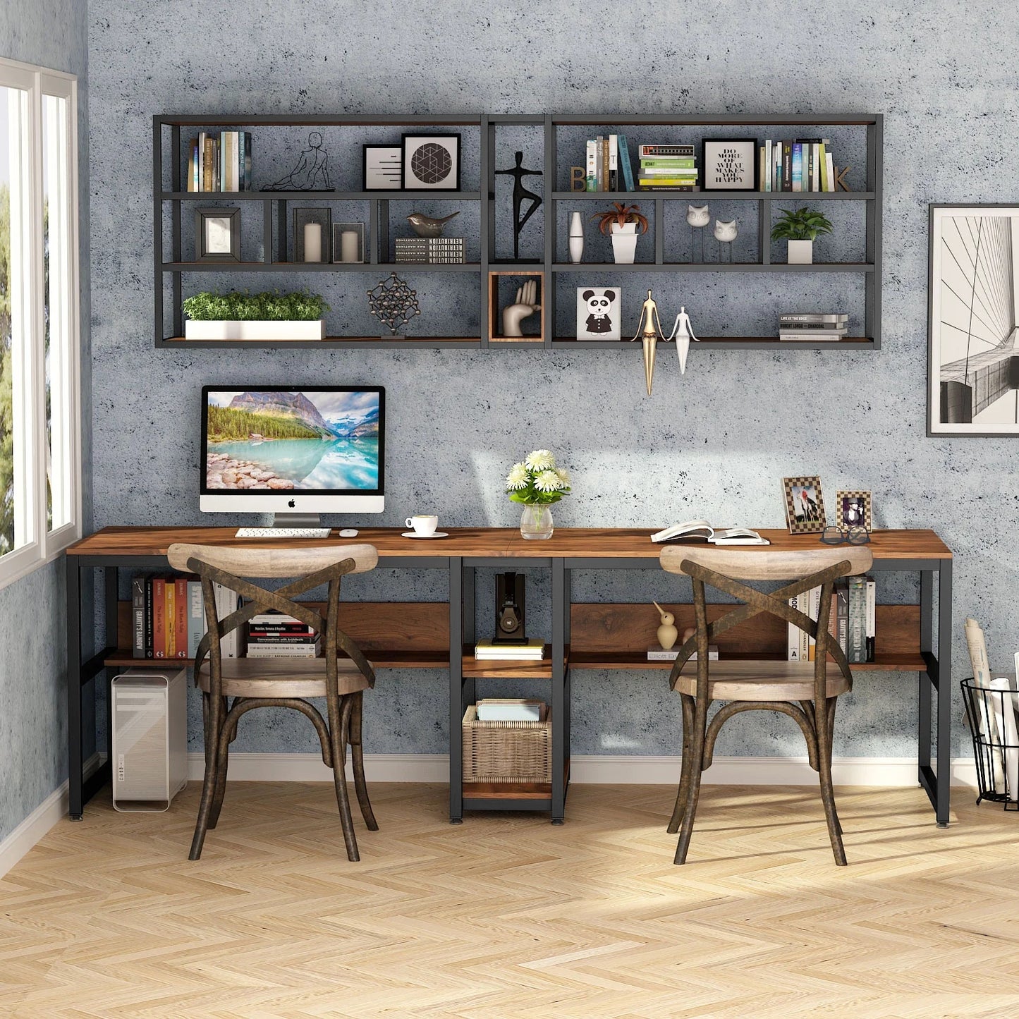 Tribesigns Two Person Desk, 78.7 Computer Double Desk with Bookshelf