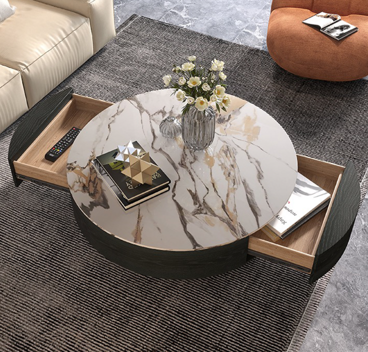 Modern Drum Coffee Table with Oak Veneer, Sintered Stone Coffee Table with 2 Solid Wood Drawers, Fully Assembled, 35.43", White