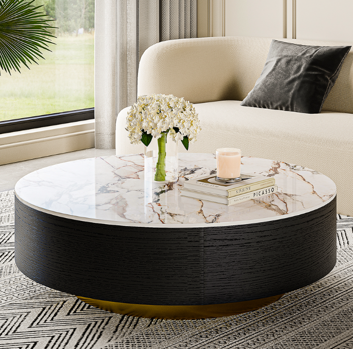 Modern Drum Coffee Table with Oak Veneer, Sintered Stone Coffee Table with 2 Solid Wood Drawers, Fully Assembled, 35.43", White