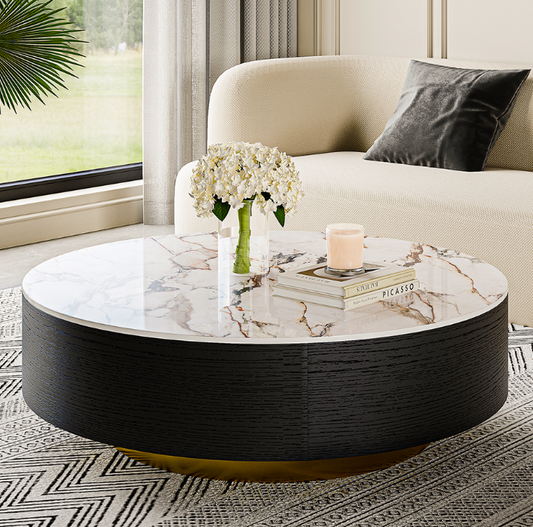 Modern Drum Coffee Table with Oak Veneer, Sintered Stone Coffee Table with 2 Solid Wood Drawers, Fully Assembled, 35.43", White
